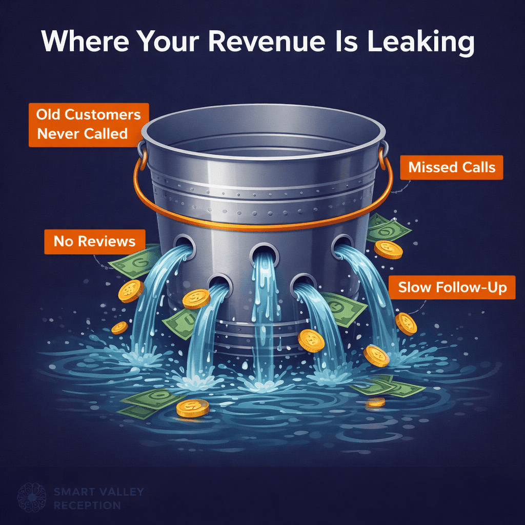 Infographic showing a leaky bucket with revenue leak labels in SVR navy and orange brand colors