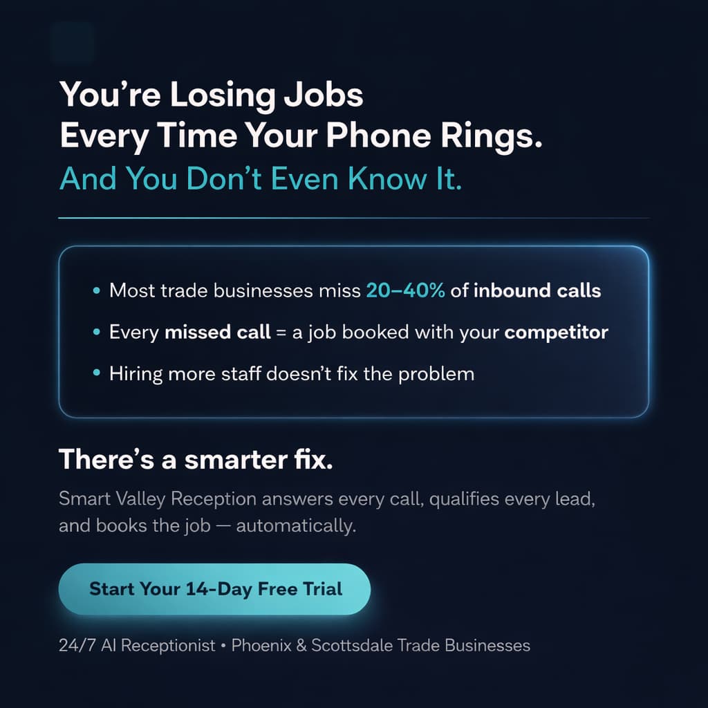 Post 1 of 3 — Smart Valley Reception social media post highlighting missed call revenue loss for trade businesses