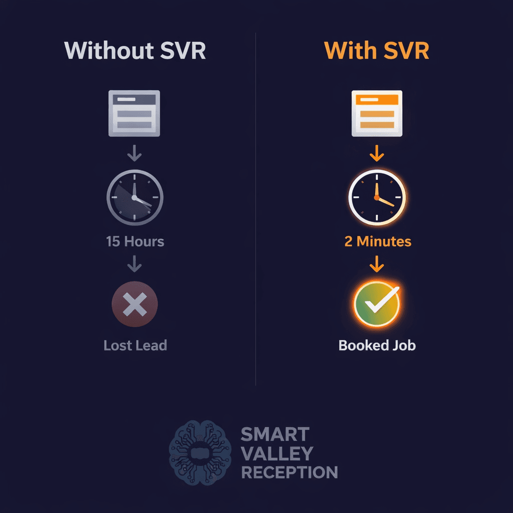 Timeline comparison: Without SVR (15 hours, lost lead) vs With SVR (2 minutes, booked job)