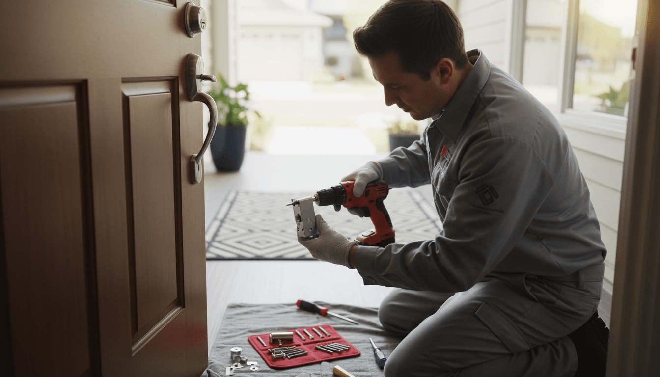 Locksmith working on residential door lock installation