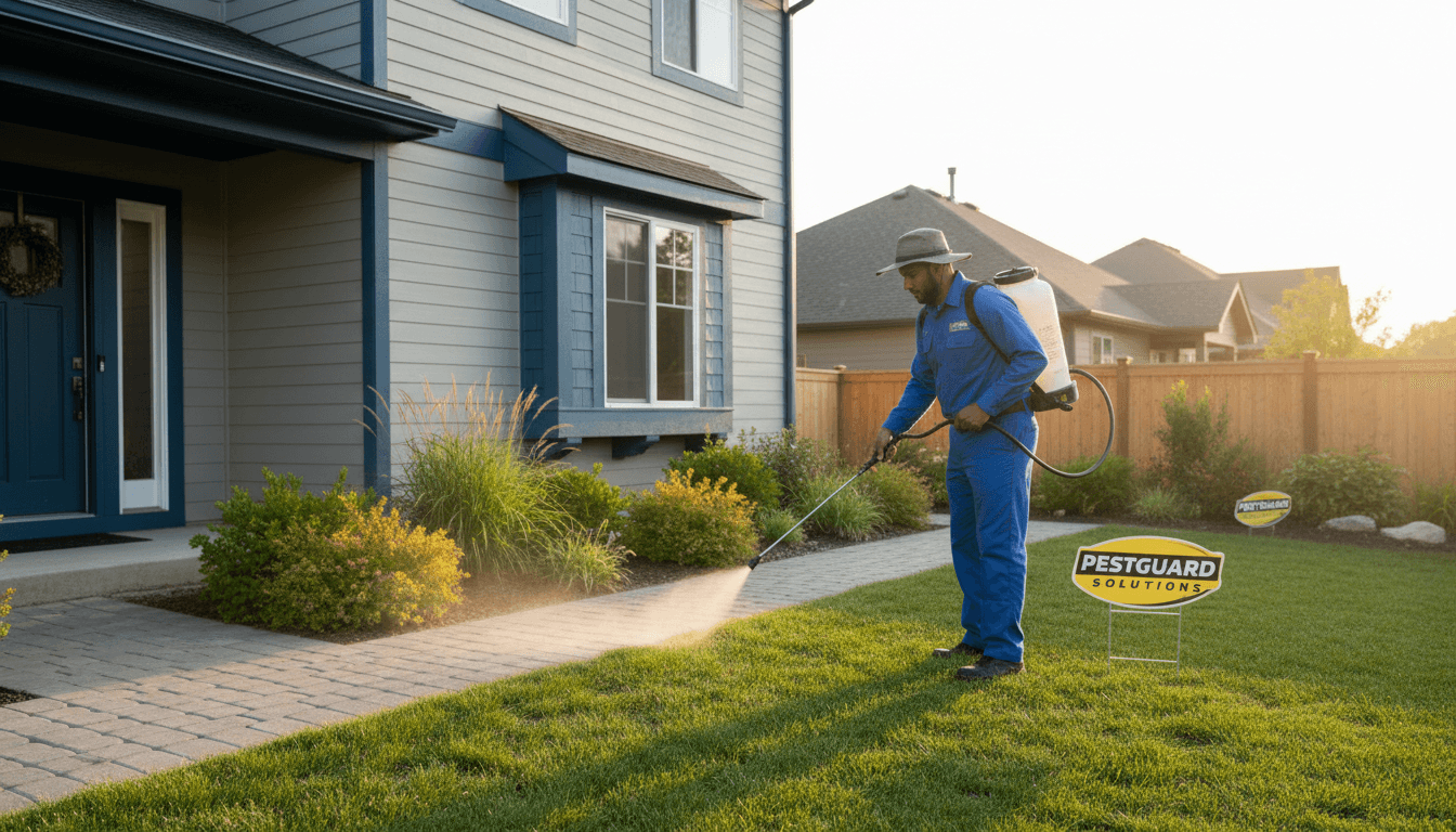 Pest control technician applying exterior treatment