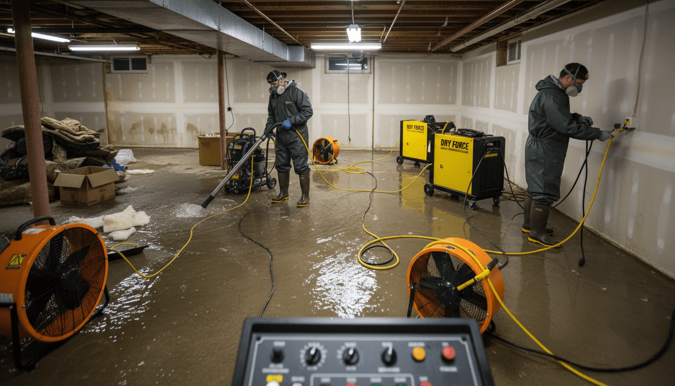 Water damage restoration team working on flooded home interior