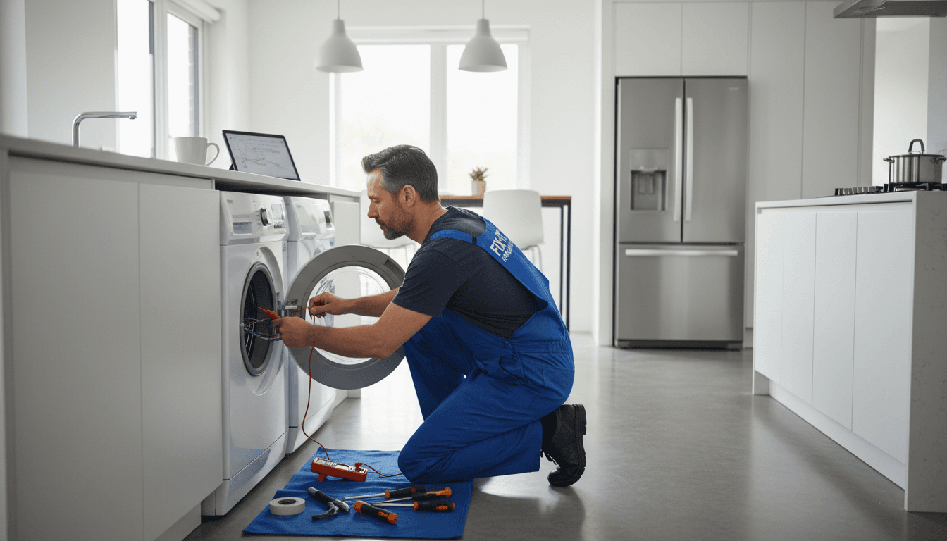 Professional appliance repair technician at work