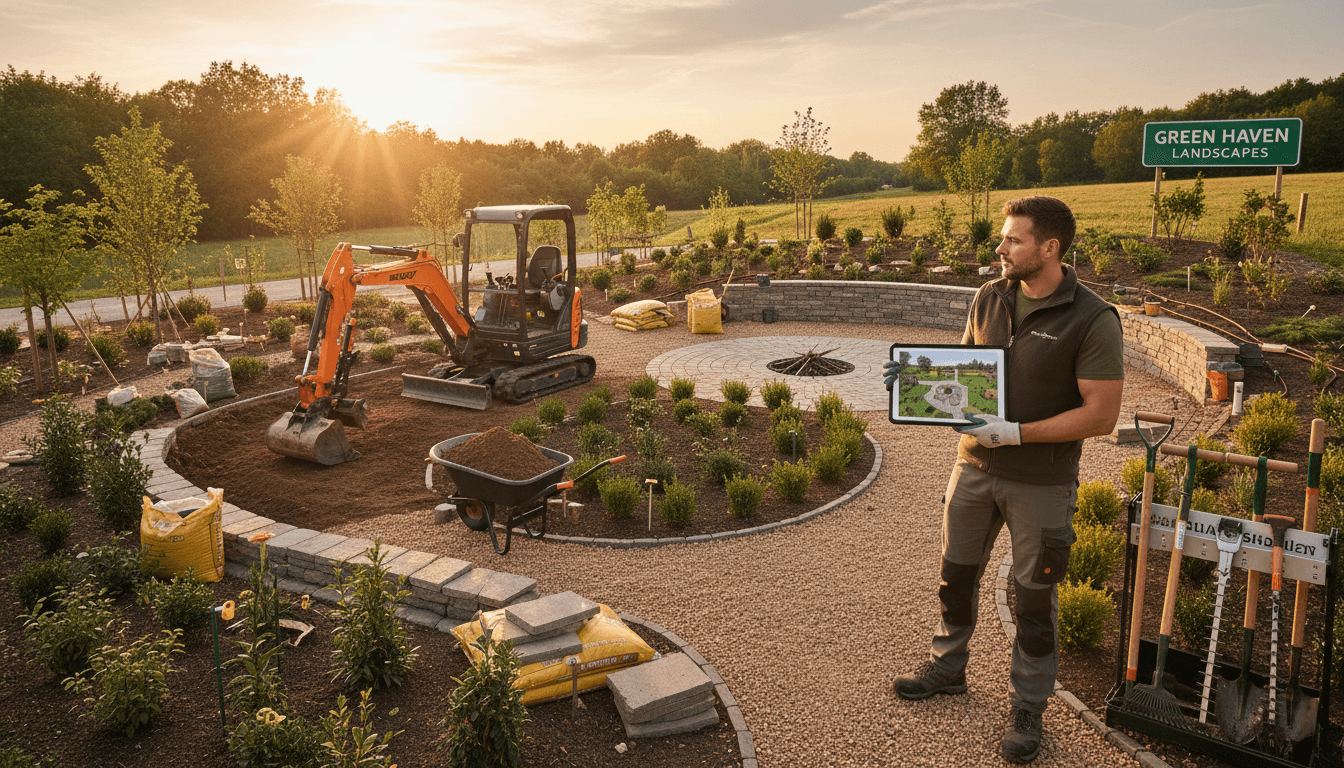 Landscaping professional planning and installing garden landscape