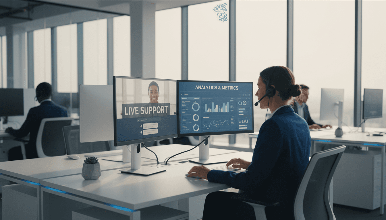 Customer service agent conducting live video support session at dual monitors in modern office
