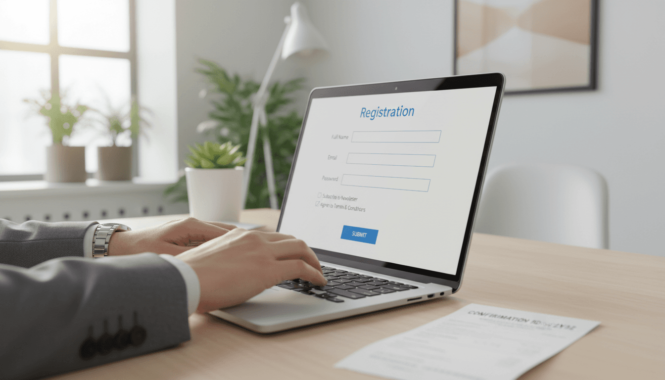Professional hands typing at laptop displaying registration form with confirmation receipt on desk