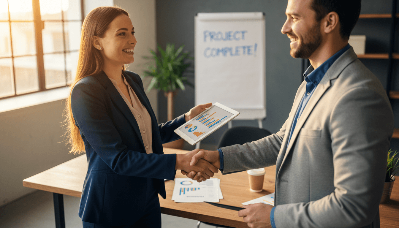Professional and client sharing positive handshake moment with genuine smiles in warm, natural light setting
